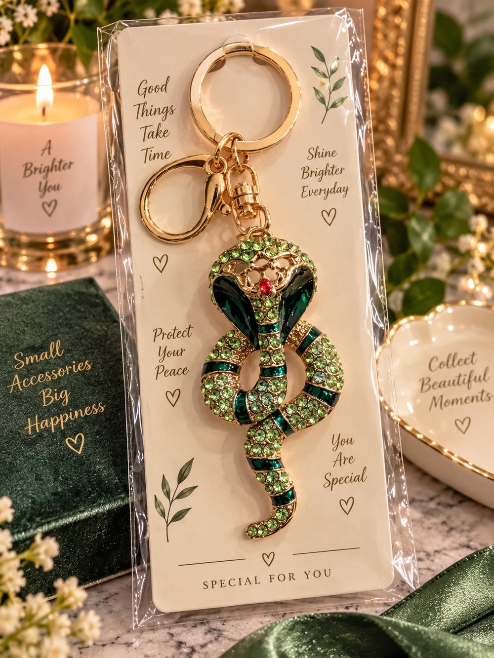 Gold Green Crystal Snake Keychain - Elegant Pet Accessory Charm